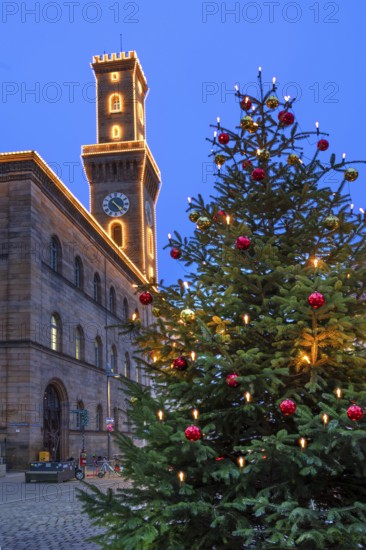 Fürth Town Hall in evening lighting, the tower is imitated the tower of the Palazzo Vecchio in