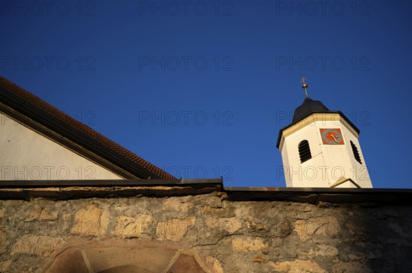 City wall, church tower, Catholic St. Barbara church from 1783, Hofen, Mühlhausen am Neckar