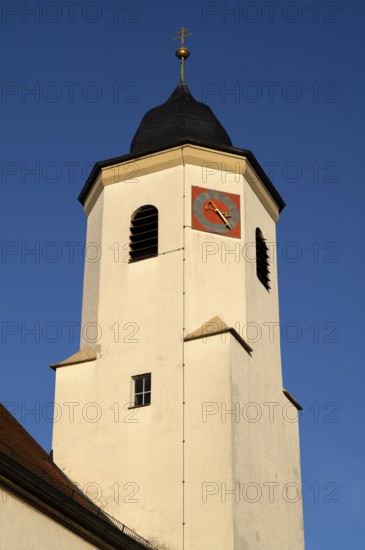 Church tower, Catholic St. Barbara church from 1783, Hofen, Mühlhausen am Neckar district,