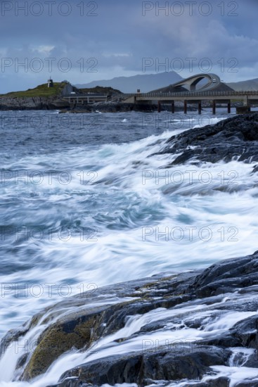 Raging water at Storseisund Bridge, Atlantic Road, Atlanterhavsveien, Karvag, Vevang, West Coast,
