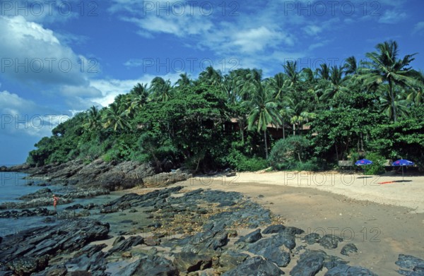 Umbrellas, palm beach at The Narima Resort on the island of Ko Lanta, Thailand, December 2002,