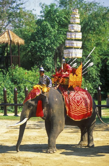 Decorated war elephant at Samphran Elephant Ground and Zoo near Bangkok, Thailand, December 2002,
