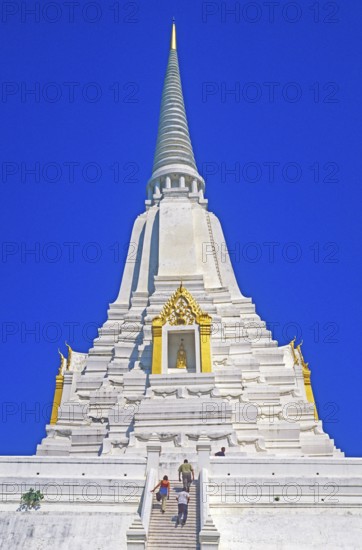 People, Chedi, white and gold temple Wat Phukao Thong, Ayutthaya, Thailand, December 2002, vintage,