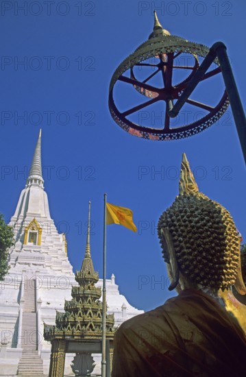 Chedi, archway, Buddha statue, white and gold temple Wat Phukao Thong, Ayutthaya, Thailand,