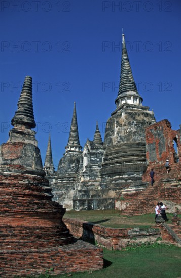 People, Chedis at Wat Phra Si Sanphet, Ayutthaya, Thailand, December 2002, vintage, retro, old,
