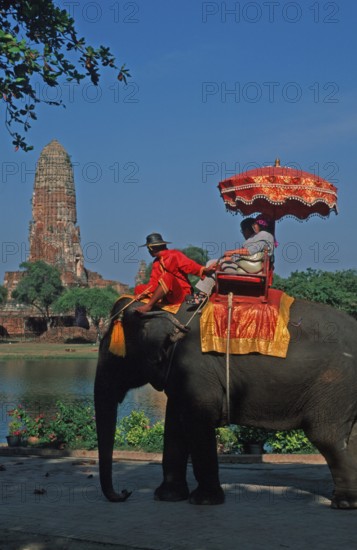 People, tourists, temple ruins, riding on an elephant through ancient sights, Ayutthaya, Thailand,