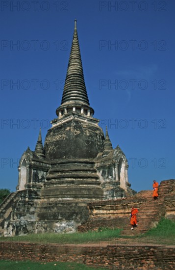 Monks, chedi at Wat Phra Si Sanphet, Ayutthaya, Thailand, December 2002, vintage, retro, old,