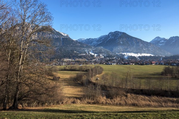 View of Oberstdorf, Schattenberg behind and mountains of the Allgäu Alps, Oberstdorf, Oberallgäu,