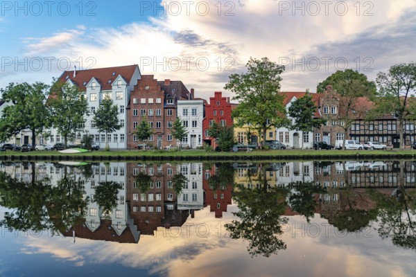 Lübeck's old town and the river Trave at dusk, Lübeck, Schleswig-Holstein, Germany