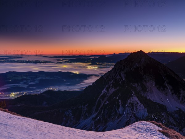Dawn in the mountains, view of Salzburg with fog, Hochstaufen, Zwiesel, Bad Reichenhall,