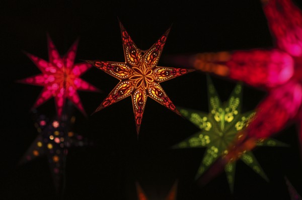 Colorful Christmas stars, sales stand, baroque Christmas market, blue hour, dusk, Ludwigsburg,