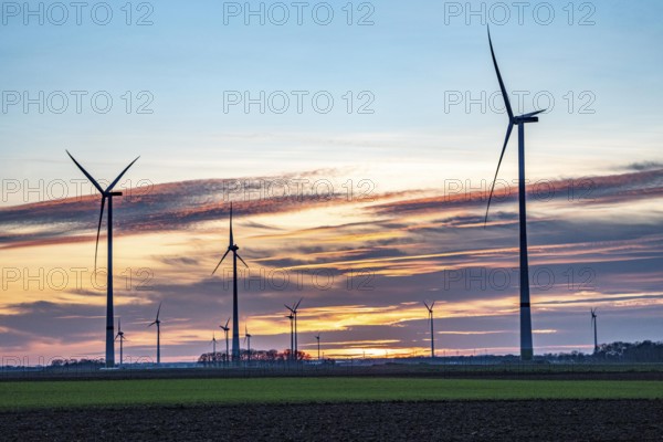 Sunset at Issum wind farm, Lower Rhine, North Rhine-Westphalia, Germany