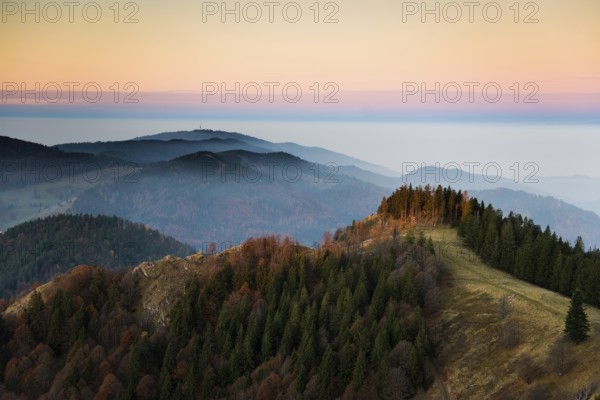 View from Belchen, morning mood with fog in autumn, sunrise, Belchen, Black Forest, Southern Black