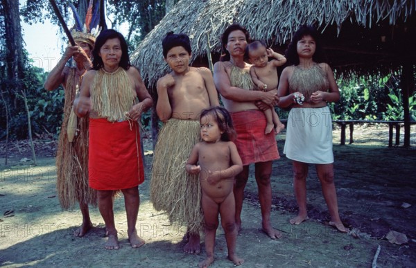 Members of a Yagua tribe near Iquitos on the Amazon pose for photos, Peru, South America, September