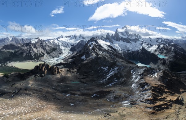 Aerial view, epic panorama, large glaciers, glacial lakes Lago de los Tres Laguna Sucia and Laguna