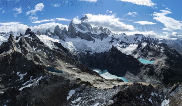 Aerial View, Epic Panorama, Large Glaciers, Lago de los Tres Laguna Sucia Glacier Lakes, Mountains