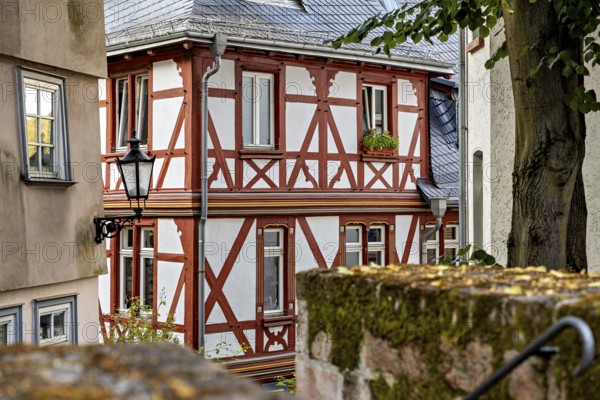 Rustic half-timbered building with wooden elements and lantern, surrounded by gardens, The historic