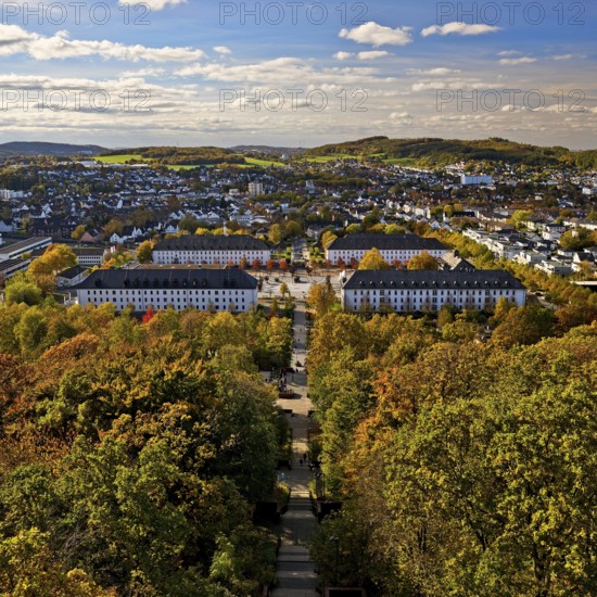 View from the Jübergturm of Sauerland Park in autumn and the city center of Hemer, Märkischer