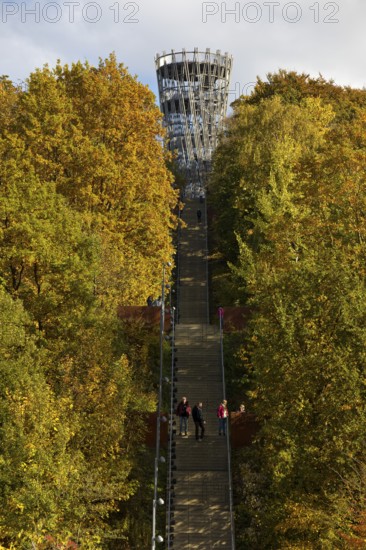 View of the Jübergturm with the stairway in Sauerlandpark in autumn, Hemer, Märkischer Kreis,