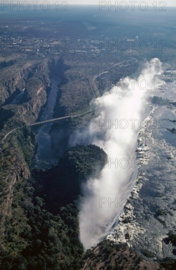 Aerial view, Victoria Falls, Zambezi, Zambezi Bridge, Zimbabwe, Africa, June 2000, vintage, retro,
