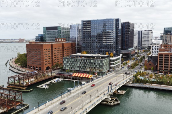 View of Northern Avenue Bridge over Fort Point Channel, steel swing bridge, Seaport District,