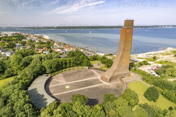 Laboe with the naval memorial, beach and dune landscape on the Kiel Fjord seen from above, Laboe,