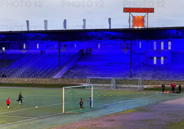 Youth training in the royal blue Glückauf Kampfbahn of FC Schalke 04, Gelsenkirchen, Ruhr area,