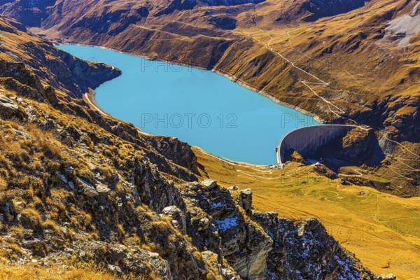 The dam and turquoise lake Lac de Moiry, Val d'Anniviers, Valais Alps, Canton of Valais,