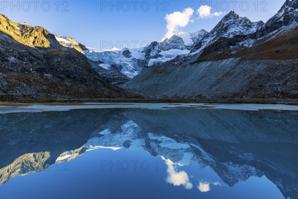 The Moiry glacier and mountain peaks are reflected in Lac de Chateaupre, Val d'Anniviers, Valais