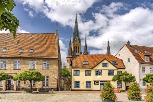 The Town Hall Market in Schleswig's Old Town and St. Peter Cathedral, City of Schleswig,