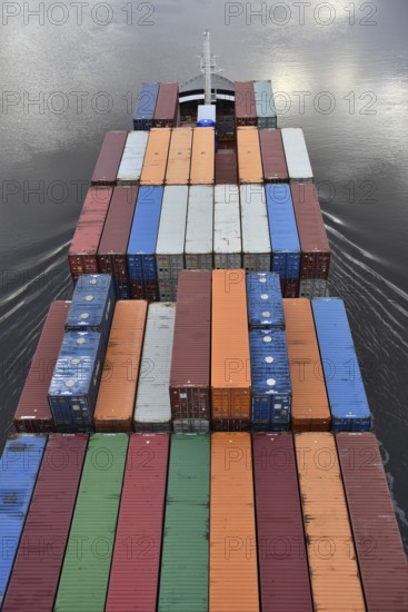 Aerial view of shipping container, container ship NORDIC PORTO photographed from above, Kiel Canal,