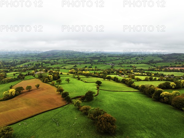 Autumn colours over Wales Farms and Fields from a drone, Grosmont, Abergavenny, Monmouthshire,