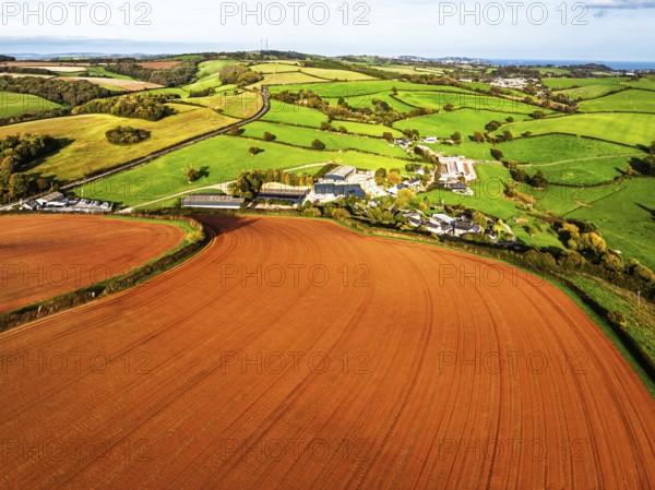 Colours of Devon Farms and Fields over Paignton and Berry Pomeroy from a drone, Totnes, England,