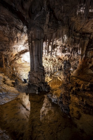 Stalactites and stalagmites, water basins and rock formations in a stalactite cave, Grotta del