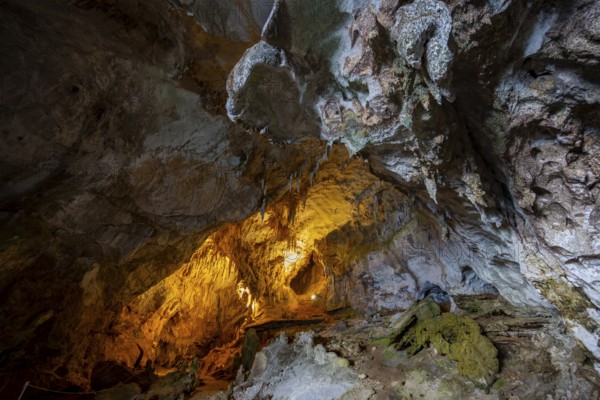 Stalactites and rock formations in a stalactite cave, Grotta del Fico, Gulf of Orosei, Baunei,
