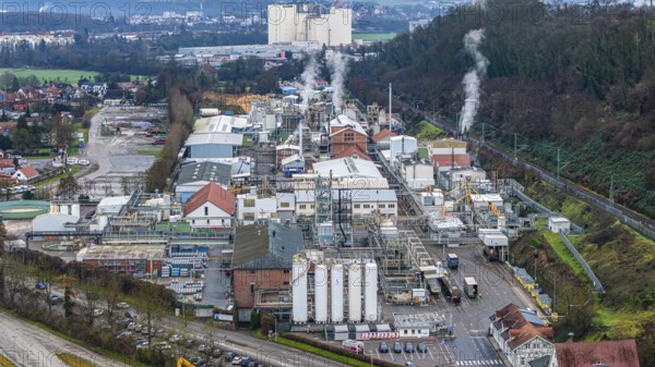 Plant view of the company Solvay Fluor GmbH. The Bad Wimpfen plant of the Belgian chemical company