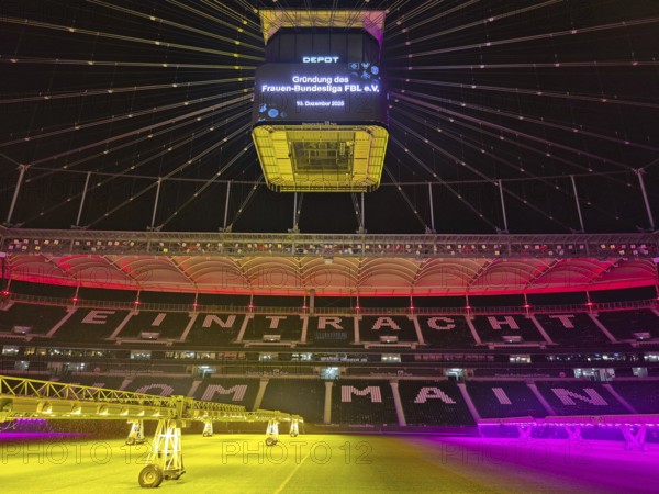 The Frankfurt Waldstadion (Deutsche Bank Park) is illuminated in red to mark the founding of the
