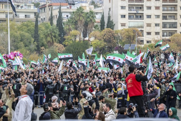 Damascus, Syria – December 08, 2025: A military parade by Syrian army units marking the first