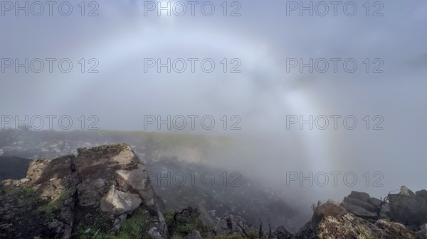 Fog thins, halo, ring of light, atmospheric phenomenon, mountains, Madeira, Portugal