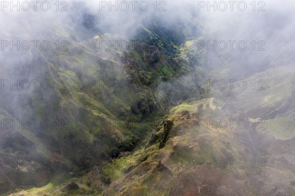 Aerial view, clouds of fog, mountains, Madeira, Portugal