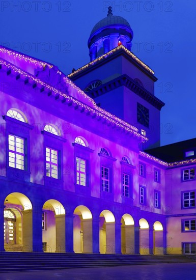 The town hall illuminated for the Christmas market in Witten, Ruhr area, North Rhine-Westphalia,