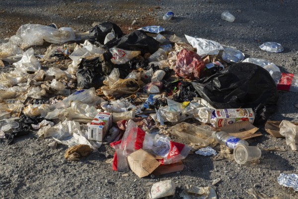 Recyclable plastic, paper and cardboard items discarded on the ground in public park, Quebec,