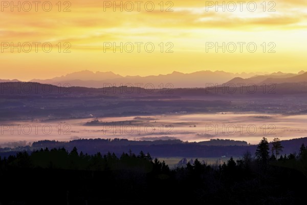 View from Horben of the Reuss Valley covered in fog, behind it the Alpstein with the Säntis in the