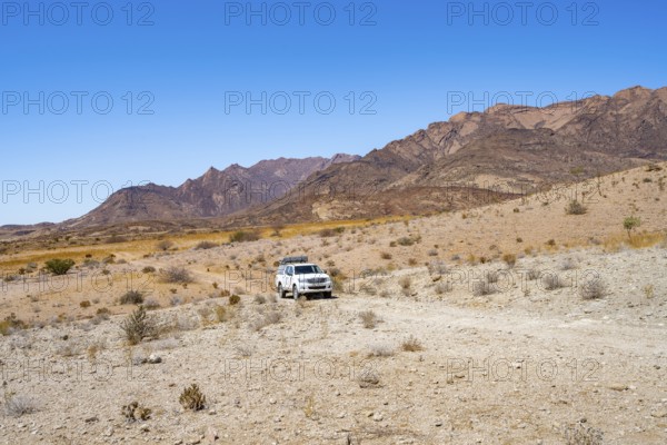 Toyota Hilux off-road vehicle on a sandy track, desert landscape with Brandberg, Erongo,