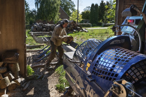 Young man sawing and splitting beech logs with his saw cutting machine, powered by a tractor in a