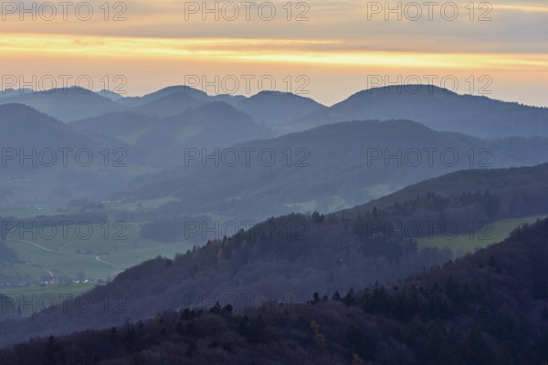 View of the Jura foothills from the Gisliflue, in the light of dusk, Talheim, Canton, Aargau,
