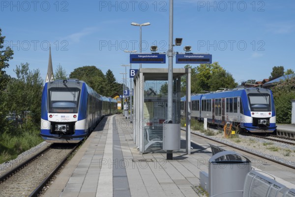 Two local trains on the platform, Bayerische Regiobahn, BRB, Schliersee station, Upper Bavaria,