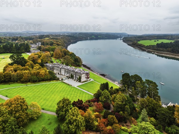 Autumn over Plas Newydd House from a drone, Gardens and Parkland, Llanfairpwllgwyngyll, Anglesey,