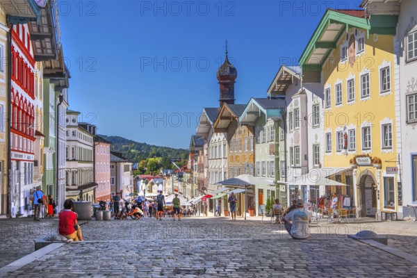 Historic market street with typical gabled houses, Bad Tölz. Isartal, Upper Bavaria, Bavaria,