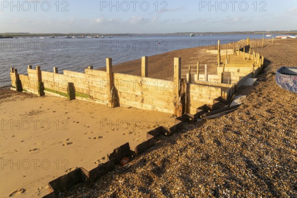 Temporary coastal defences erected by Bawdsey Haven Yacht Club, response to rapid erosion beach